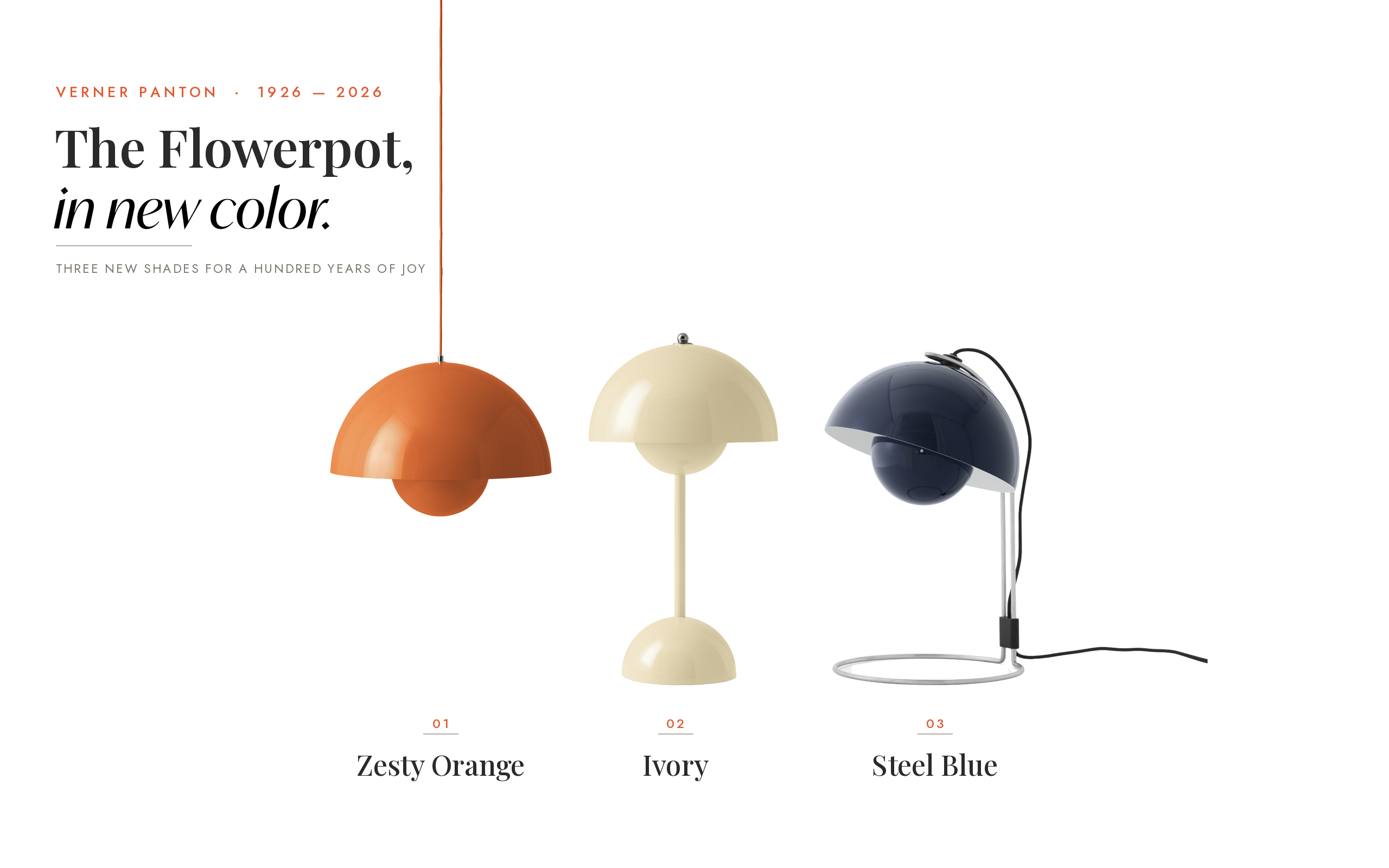 New Flowerpot colorways for the Verner Panton centenary: Steel Blue, Ivory, and Zesty Orange